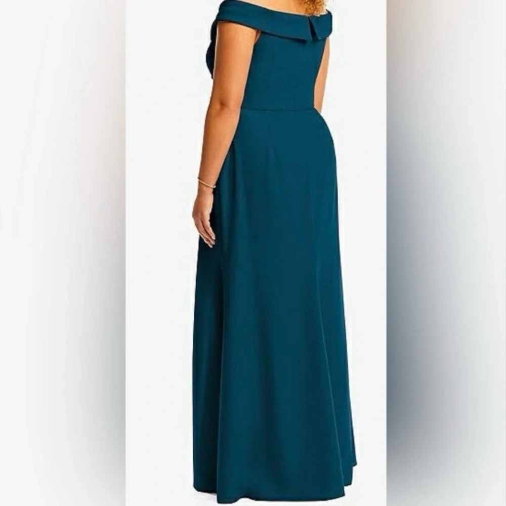 After Six - Deep Teal Atlantic Blue Off the Shoulder Crepe Gown Maxi Dress - Picture 3 of 15